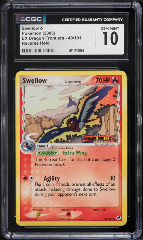 2006 Pokemon EX Dragon Frontiers Reverse Holo Swellow #40 CGC 10 GEM MINT