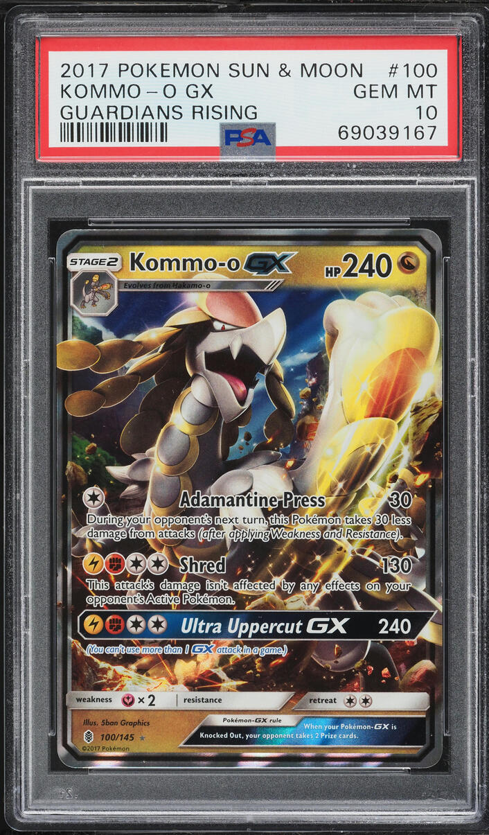 2017 Pokemon Sun & Moon Guardians Rising Full Art Kommo-O GX #100 PSA 10 GEM MINT