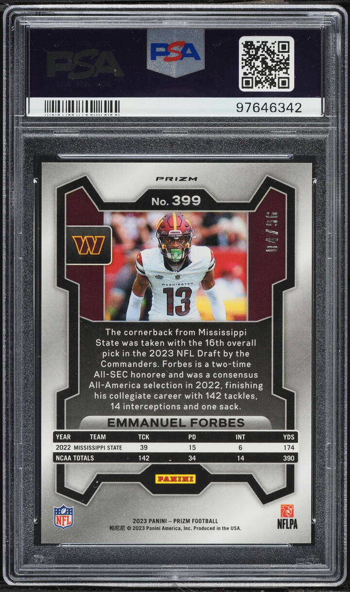 2023 Panini Prizm Blue Sparkle Emmanuel Forbes ROOKIE /96 #399 PSA 10 GEM MINT