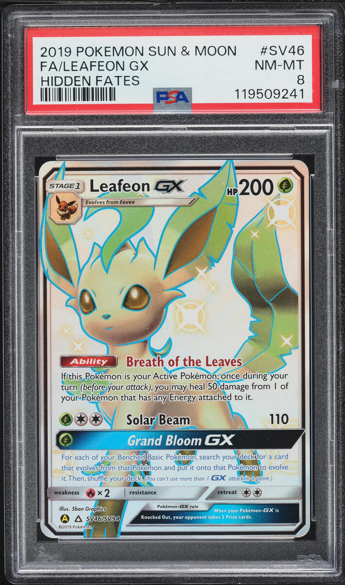 2019 Pokemon Sun & Moon Hidden Fates Shiny Full Art Leafeon GX #SV46 PSA 8 NM-MT