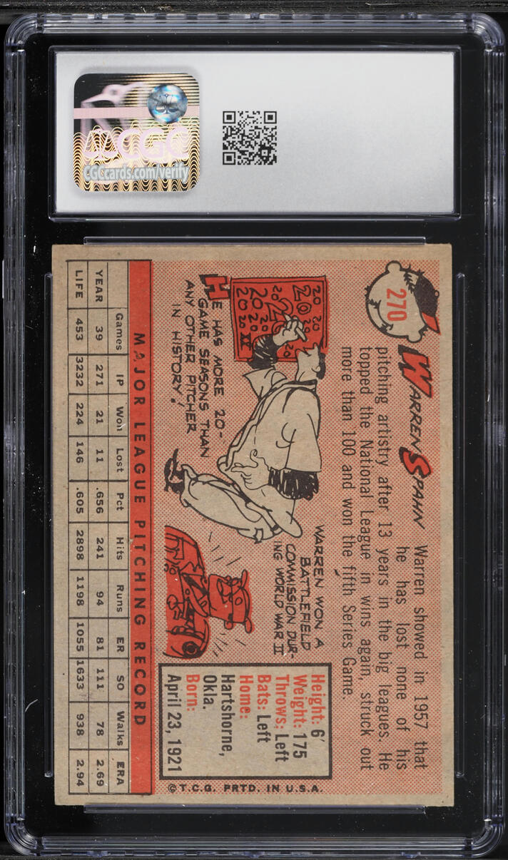 1958 Topps Warren Spahn #270 CGC 5.5 EX+