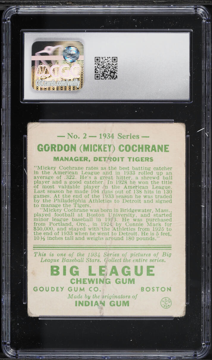 1934 Goudey Mickey Cochrane #2 CGC 1.5 FR