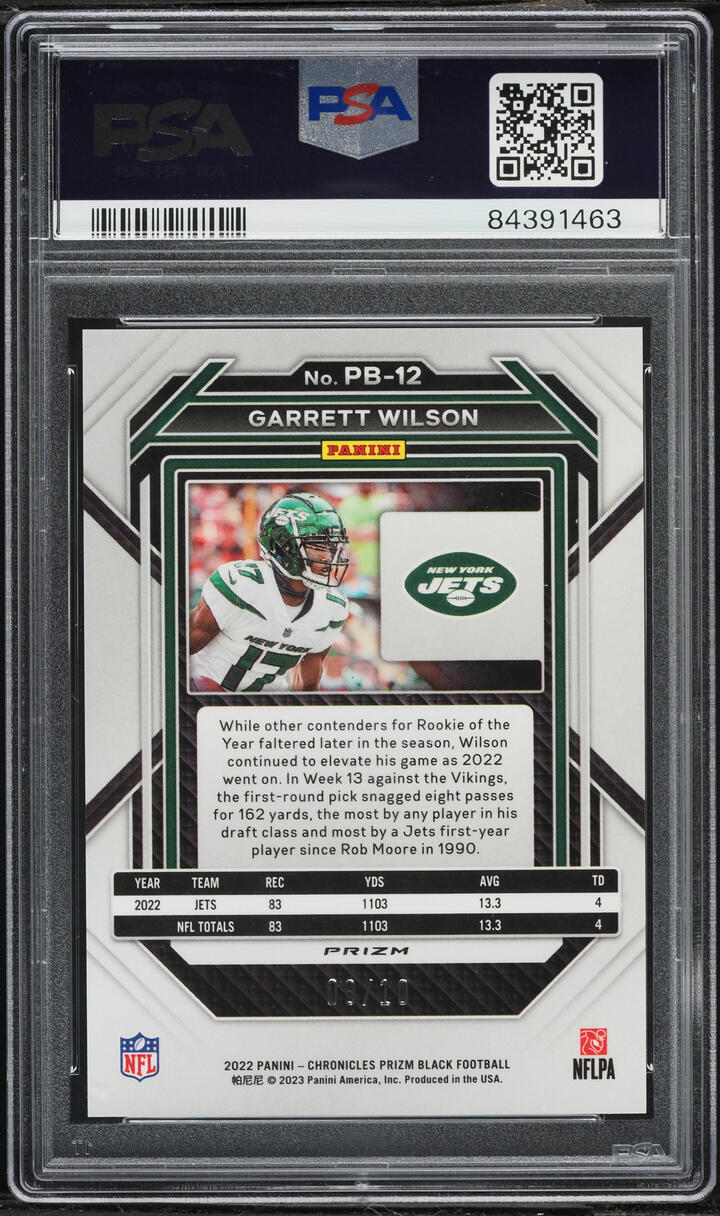 2022 Panini Chronicles Prizm Black Gold Garrett Wilson ROOKIE /10 #PB12 PSA 10 GEM MINT