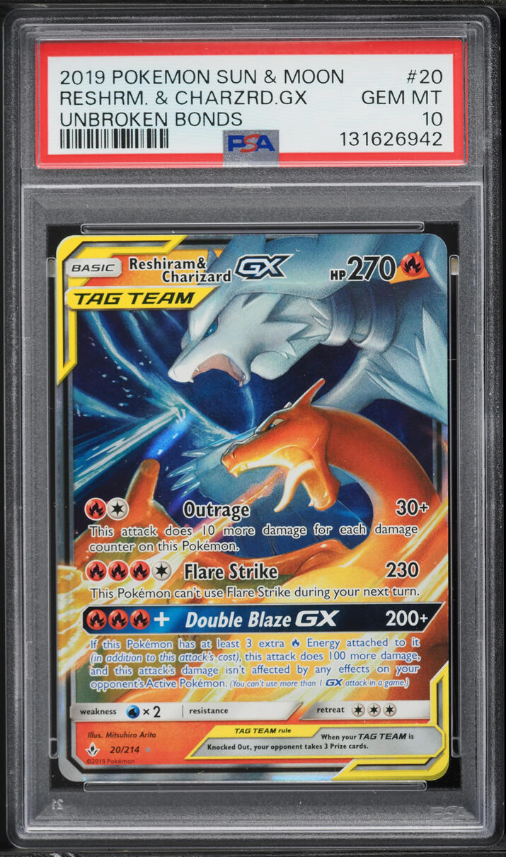 2019 Pokemon Sun & Moon Unbroken Bonds Holo Reshiram & Charizard GX #20 PSA 10 GEM MINT