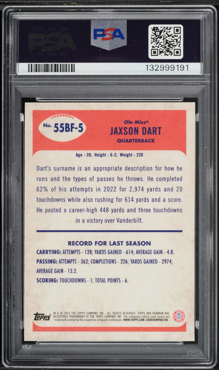 2023 Bowman University Chrome '55 Jaxson Dart ROOKIE #55BF-5 PSA 8 NM-MT