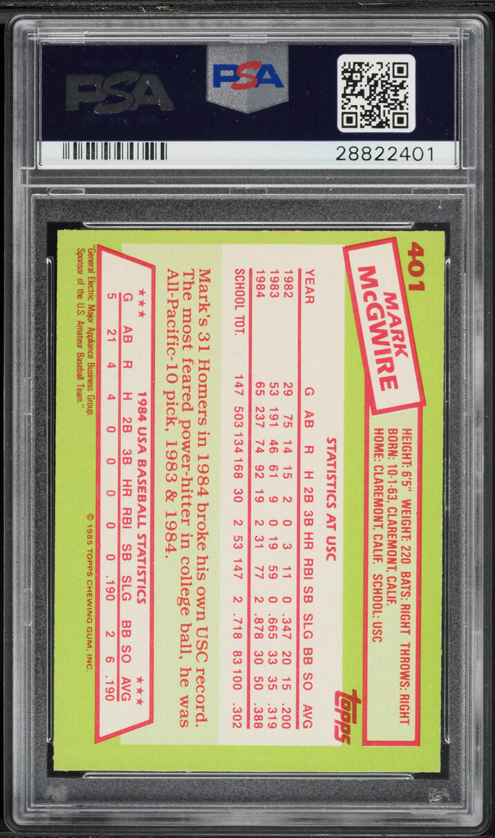 1985 Topps Tiffany '84 USA Team Mark McGwire ROOKIE AUTO DNA 8 #401 PSA 8 NM-MT