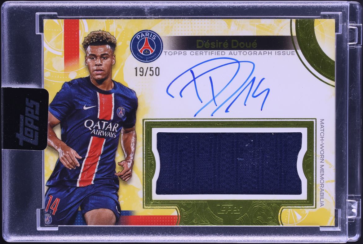 2024 Topps Exhibition Paris Saint-Germain Naples Yellow Desire Doue PATCH AUTO /50 #EX-DD