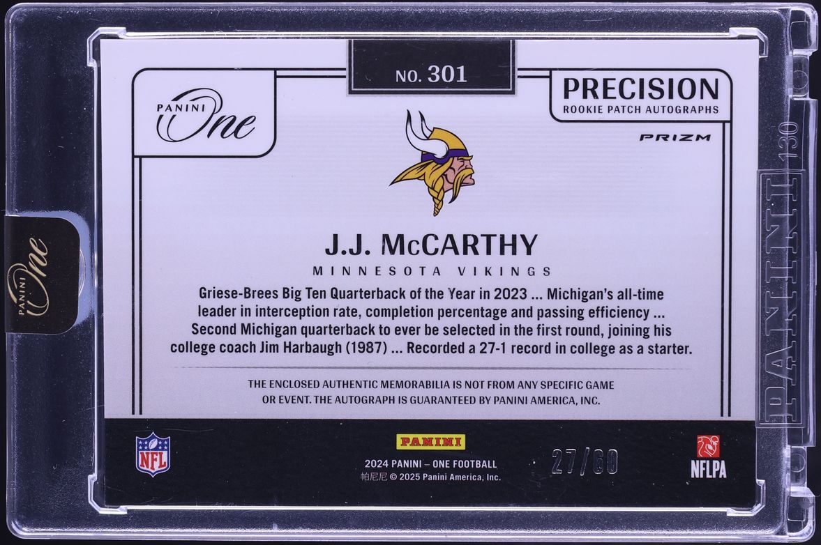 2024 Panini One Precision Red Prizm J.J. McCarthy ROOKIE PATCH AUTO /60 #301