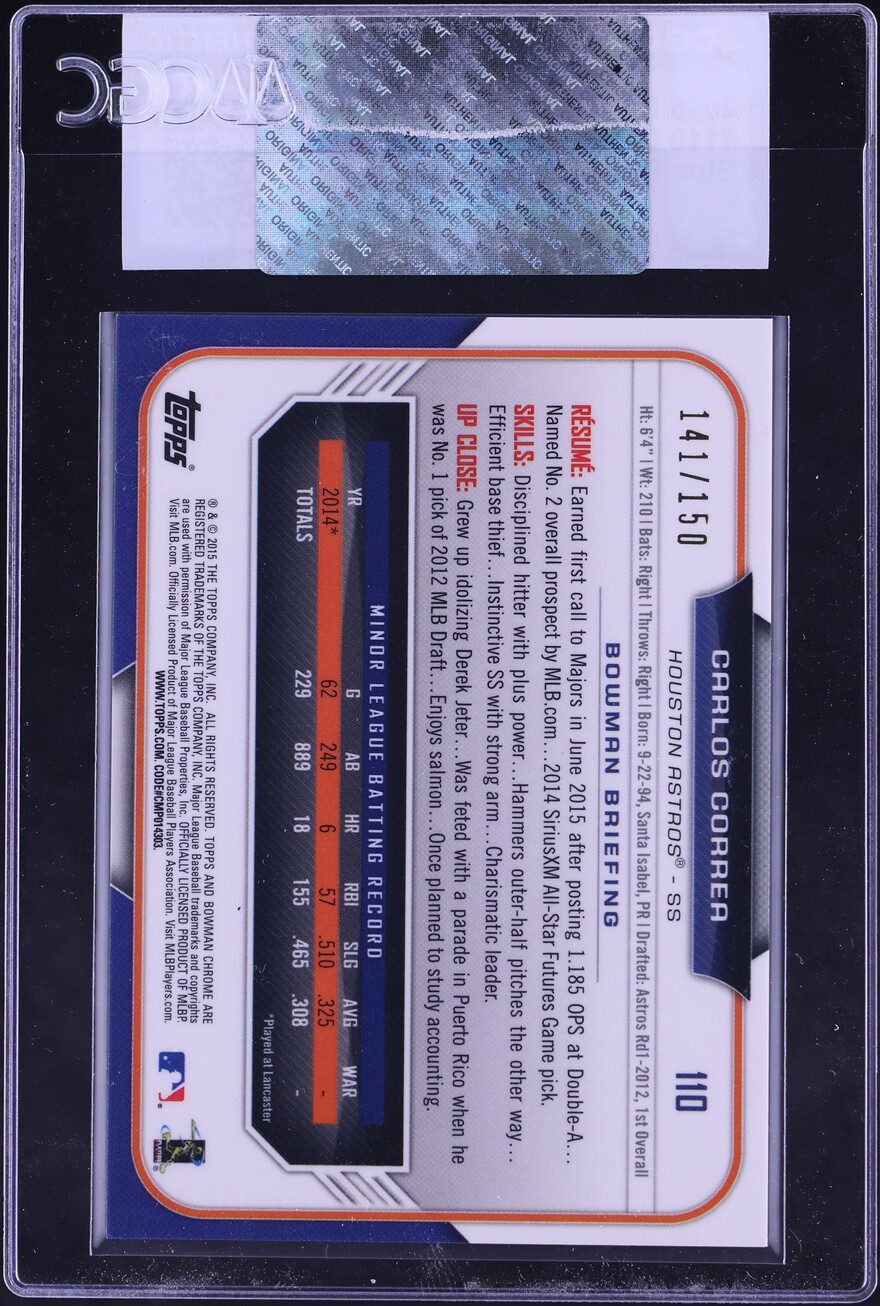 2015 Bowman Chrome Blue Refractor Carlos Correa ROOKIE /150 #110 CGC AUTH