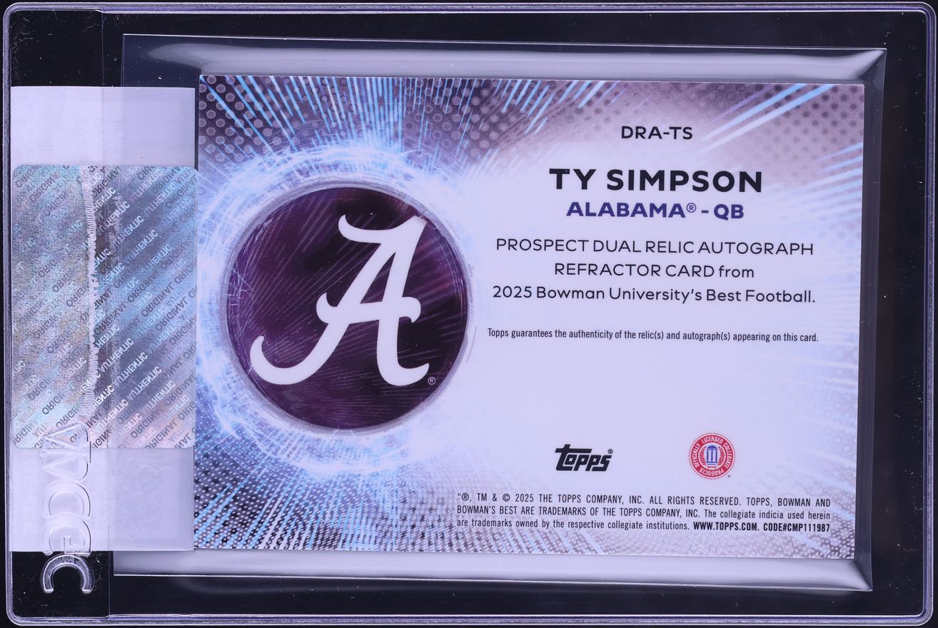 2025 Bowman University Best Ty Simpson ROOKIE PATCH AUTO #DRA-TS CGC AUTH