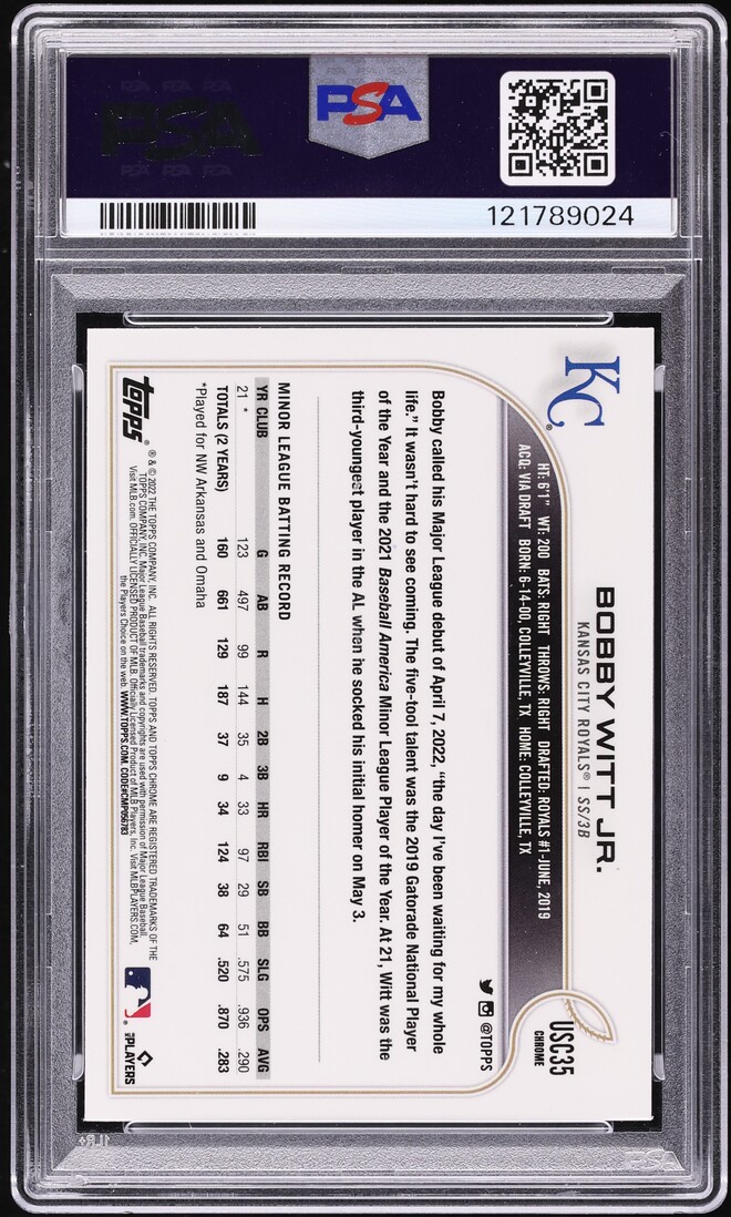 2022 Topps Chrome Update Pink Wave Bobby Witt Jr ROOKIE #USC35 PSA 9 MINT