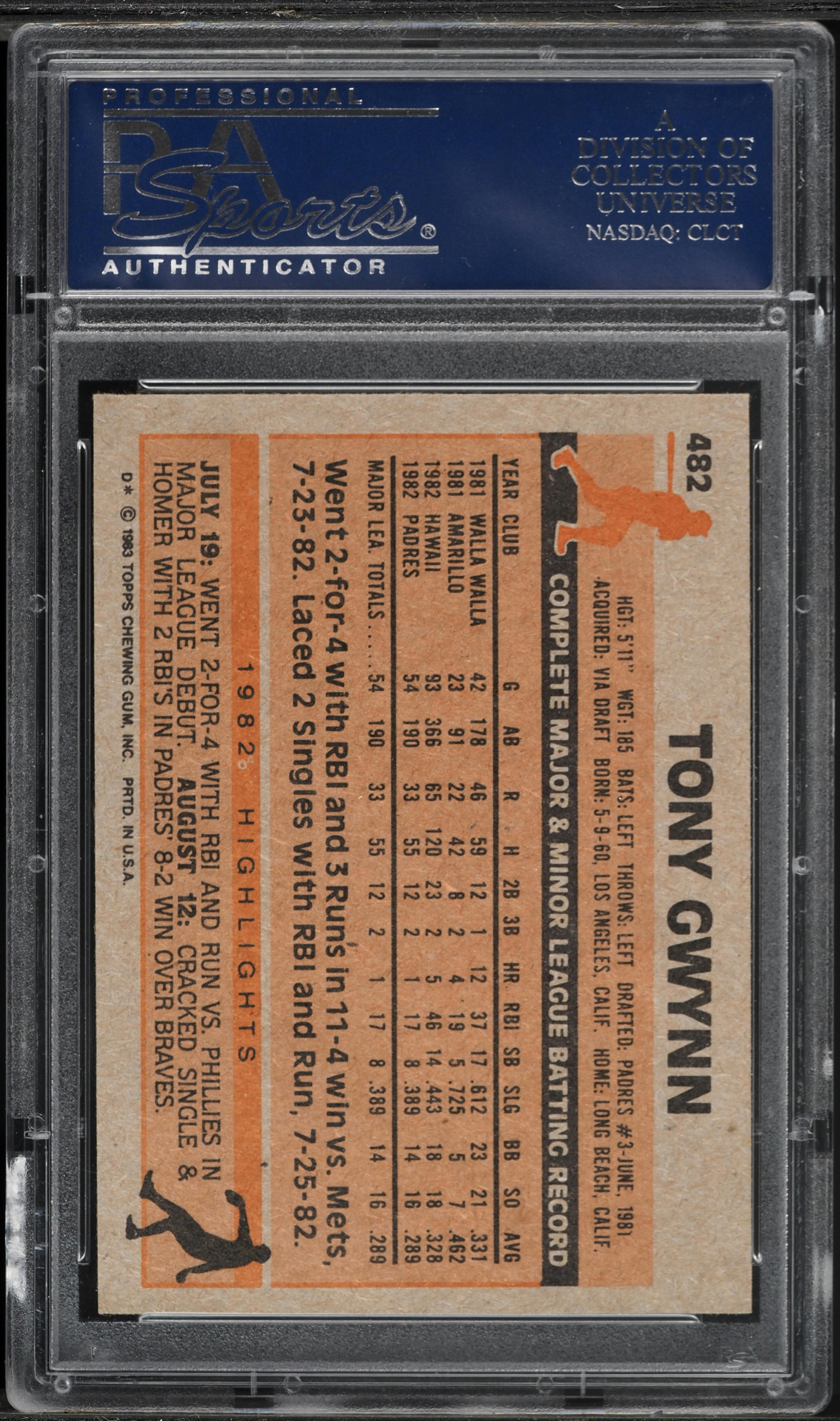1983 Topps Tony Gwynn ROOKIE #482 PSA 9 MINT on Fanatics Collect