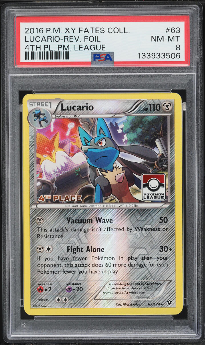 2016 Pokemon XY Fates Collide 4th Place League Reverse Holo Lucario #63 PSA 8 NM-MT