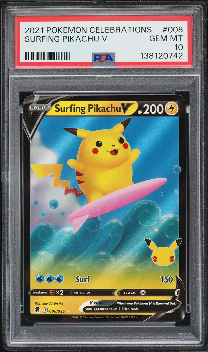 2021 Pokemon Sword & Shield Celebrations Full Art Surfing Pikachu V #8 PSA 10 GEM MINT