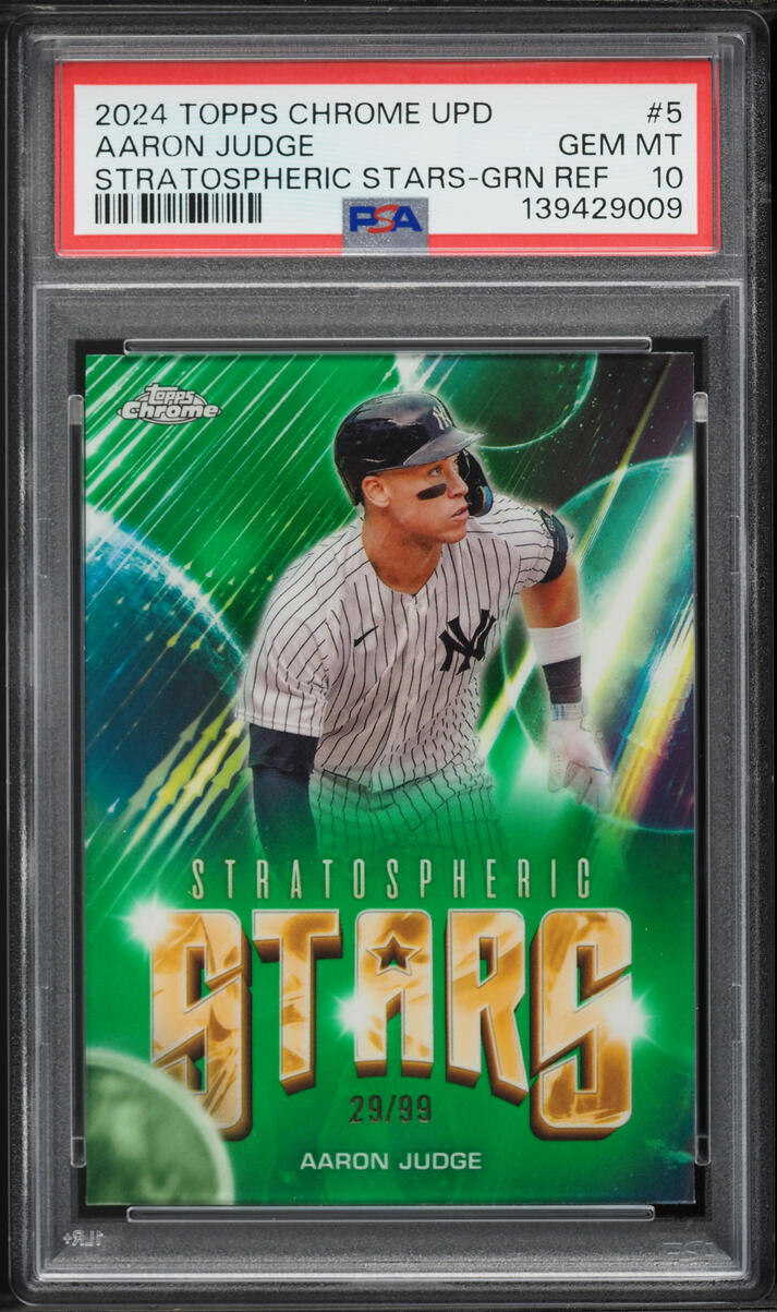 2024 Topps Chrome Update Stratospheric Stars Green Refractor Aaron Judge /99 #5 PSA 10 GEM MINT
