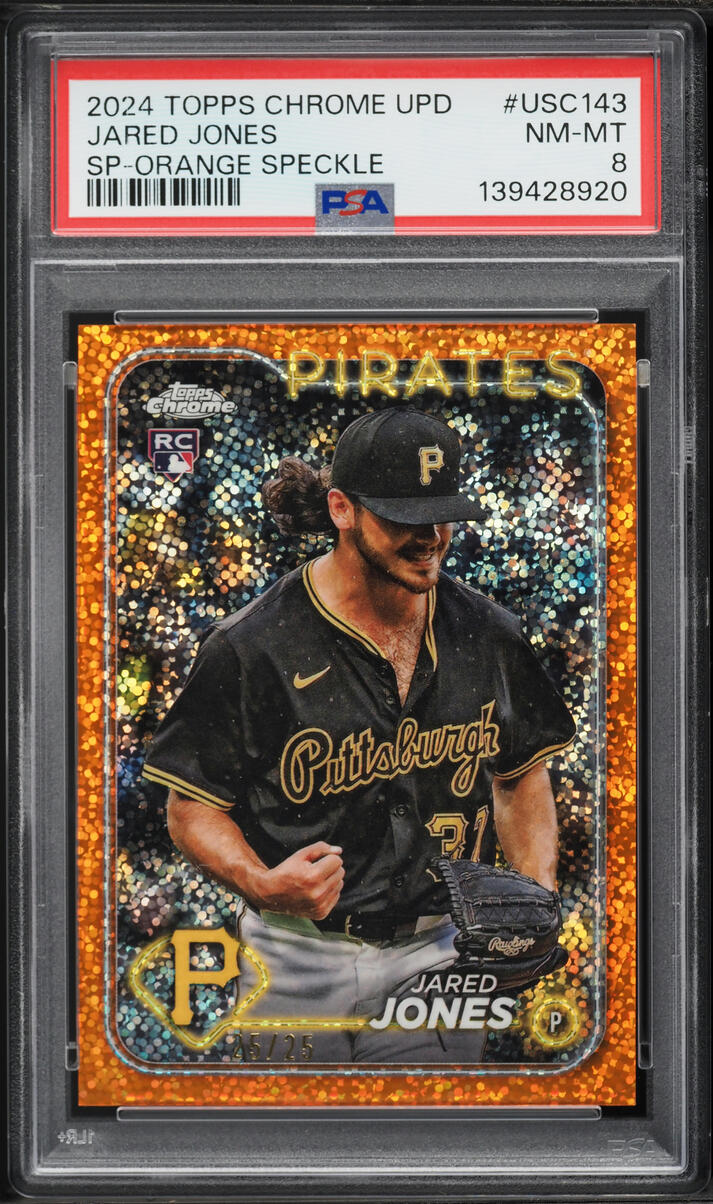 2024 Topps Chrome Update Orange Speckle Jared Jones SP ROOKIE 25/25 #USC143 PSA 8 NM-MT