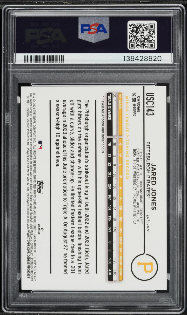 2024 Topps Chrome Update Orange Speckle Jared Jones SP ROOKIE 25/25 #USC143 PSA 8 NM-MT