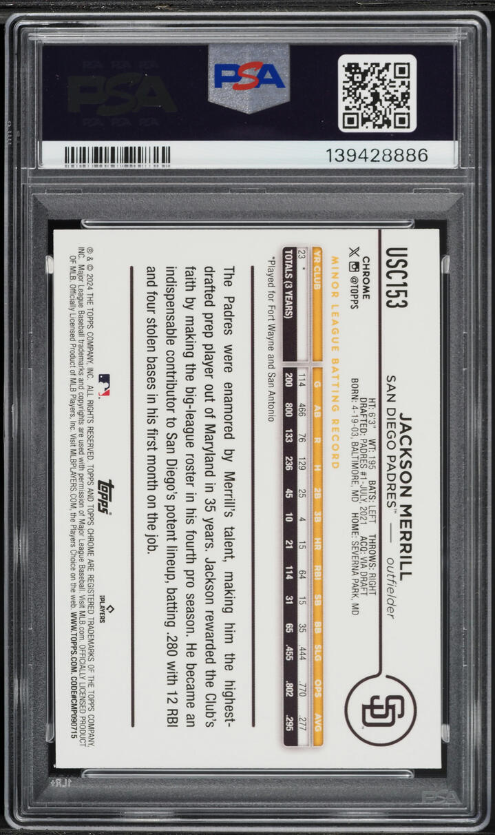 2024 Topps Chrome Update Blue Raywave Jackson Merrill RC /150 #USC153 PSA 10 GEM MINT