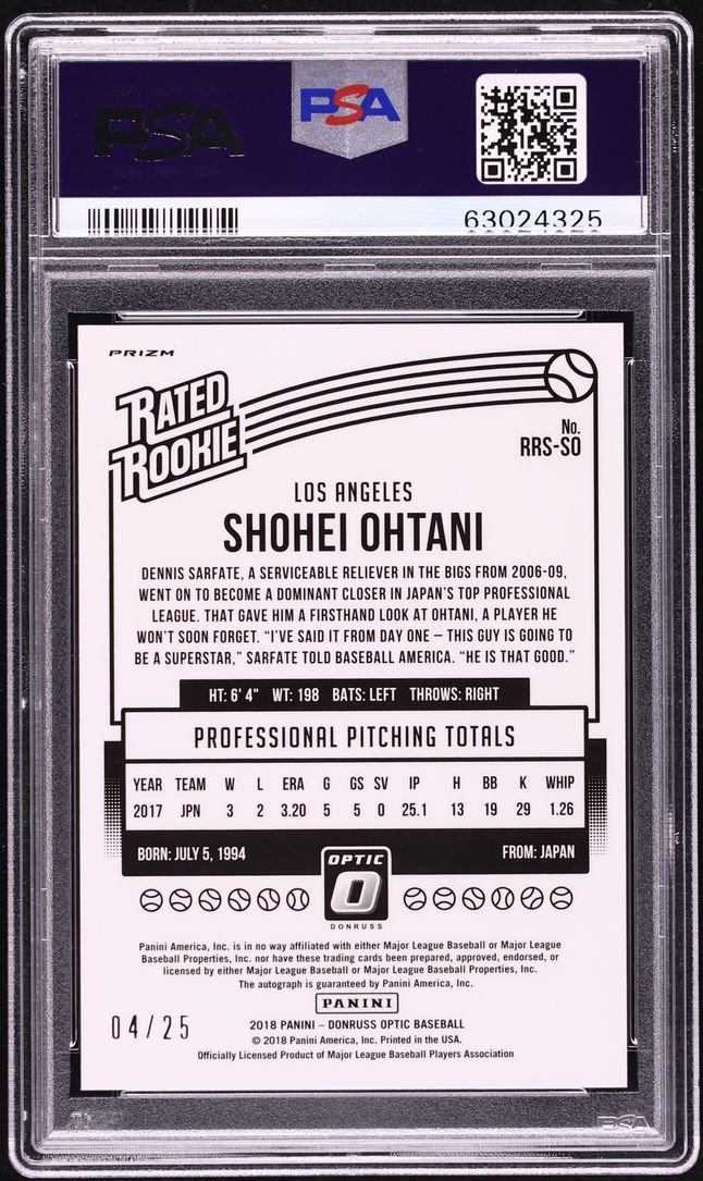 2018 Donruss Optic Orange Shohei Ohtani ROOKIE AUTO /25 #RRS-SO PSA 10 GEM MINT