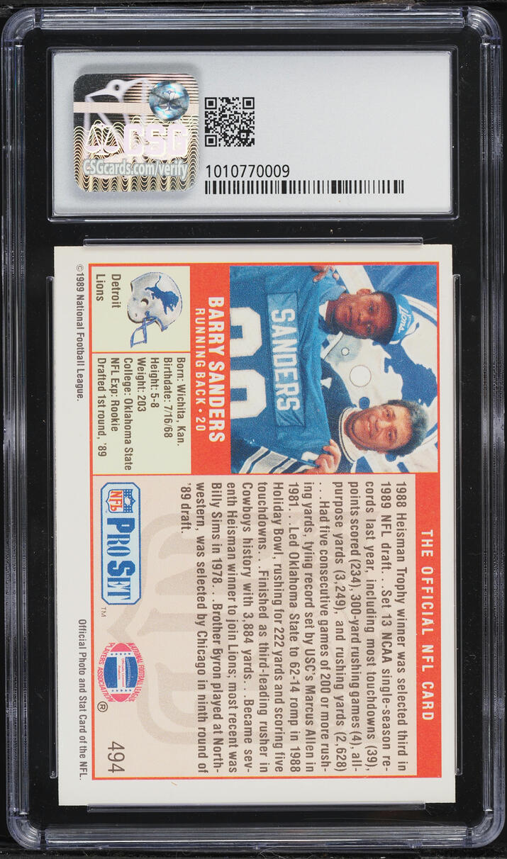 1989 Pro Set Football Barry Sanders ROOKIE #494 CSG 8 NM-MT