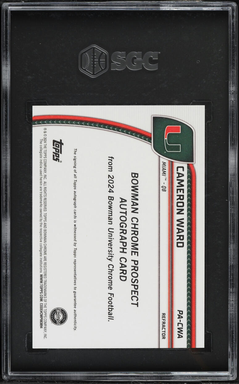 2024 Bowman Chrome University Refractor Cameron Ward ROOKIE AUTO /299 #PA-CWA SGC 9.5 MINT+