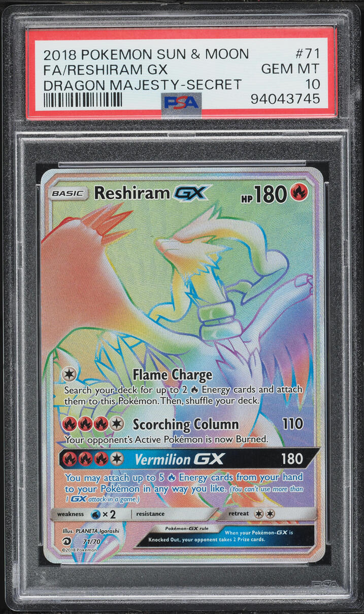 2018 Pokemon Sun & Moon Dragon Majesty Rainbow Rare Reshiram GX #71 PSA 10 GEM MINT
