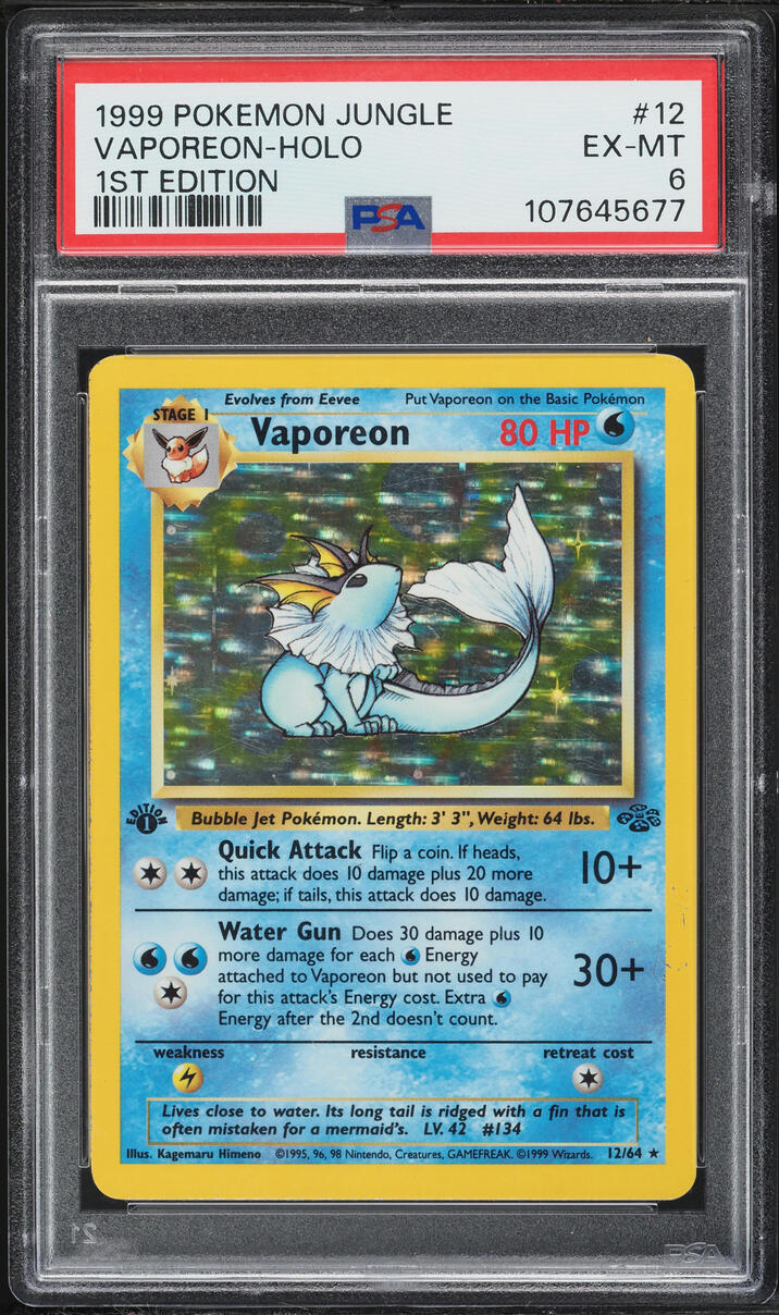 1999 eevee pokemon card value Jungle Vaporeon 1st Edition Holo #12 PSA 6 [2] Quick Attack (10+) Flip a coin The Eevee Collection knows no