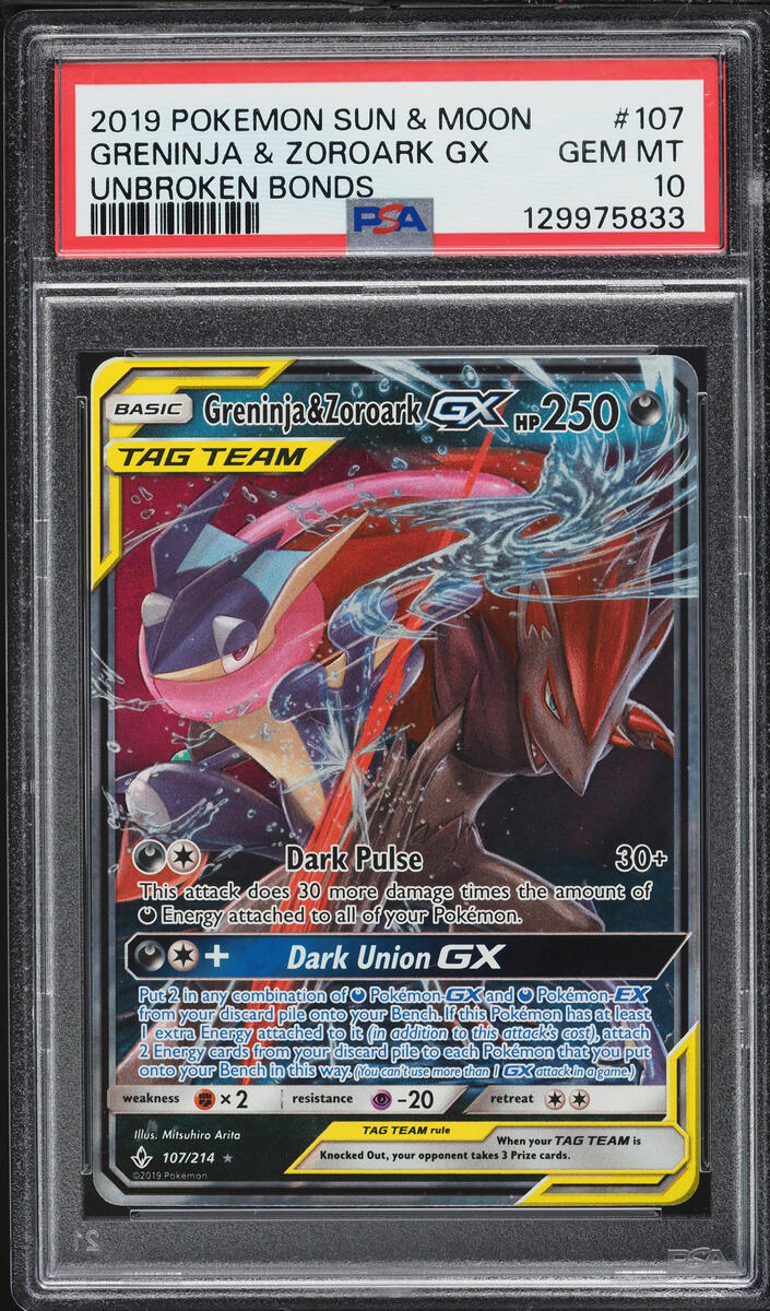 2019 Pokemon Sun & Moon Unbroken Bonds Full Art Greninja & Zoroark GX #107 PSA 10 GEM MINT