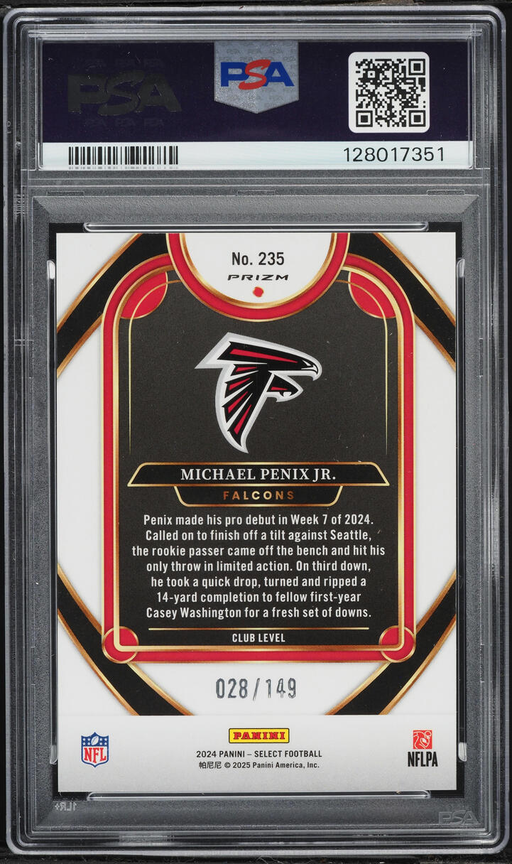 2024 Select Club Level Tri-Color Prizm Michael Penix Jr. ROOKIE /149 #235 PSA 10 GEM MINT