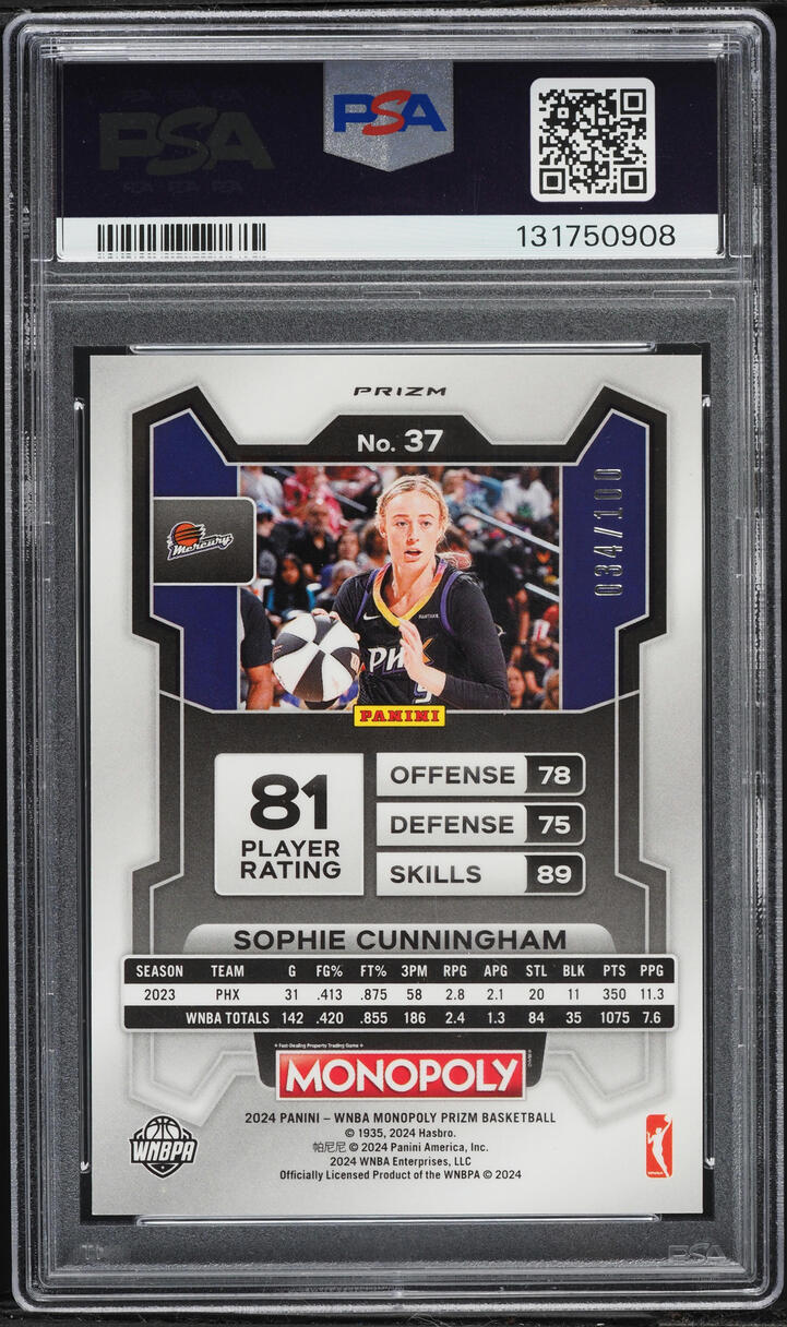 2024 Panini Prizm Monopoly WNBA Red Millionaire Shimmer Sophie Cunningham /100 #37 PSA 10 GEM