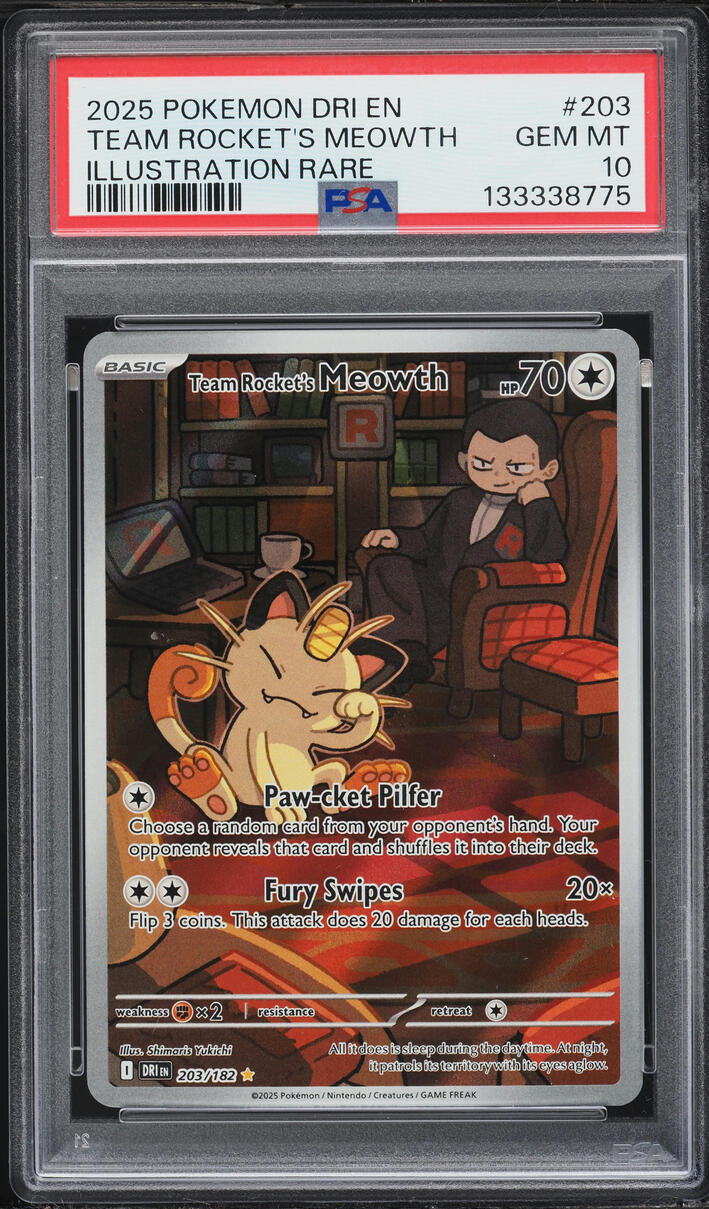 2025 Pokemon Scarlet & Violet Destined Rivals IR Team Rocket's Meowth #203 PSA 10 GEM MINT
