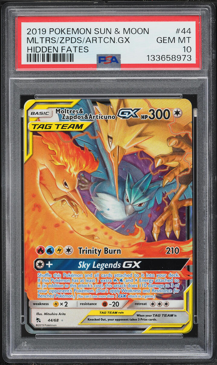 2019 Pokemon Sun & Moon Hidden Fates Full Art Moltres Zapdos Articuno GX #44 PSA 10 GEM MINT