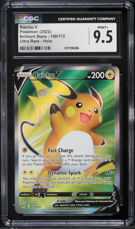2022 Pokemon Sword & Shield Brilliant Stars Full Art Raichu V #158 CGC 9.5 MINT+