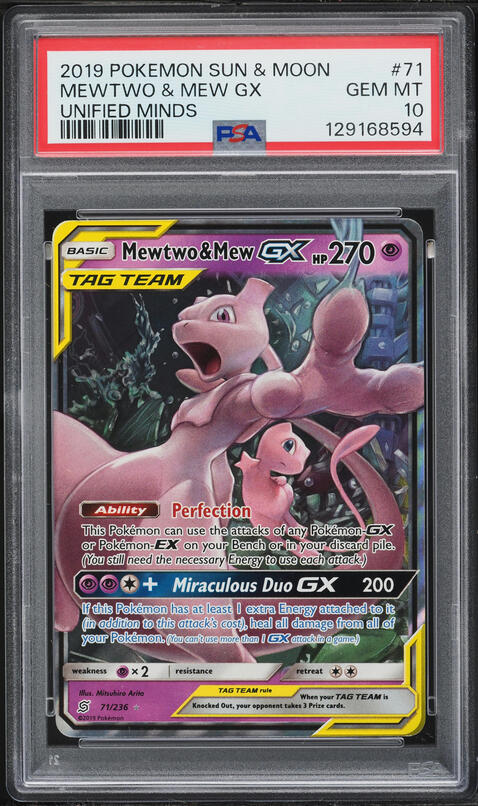 2019 Pokemon Sun & Moon Unified Minds Full Art Mewtwo & Mew GX #71 PSA 10 GEM MINT
