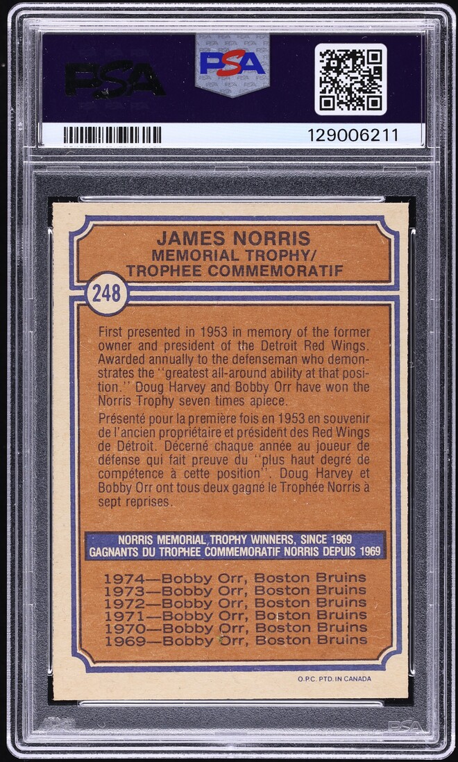 1974 O-Pee-Chee Hockey Bobby Orr NORRIS TROPHY #248 PSA 8 NM-MT