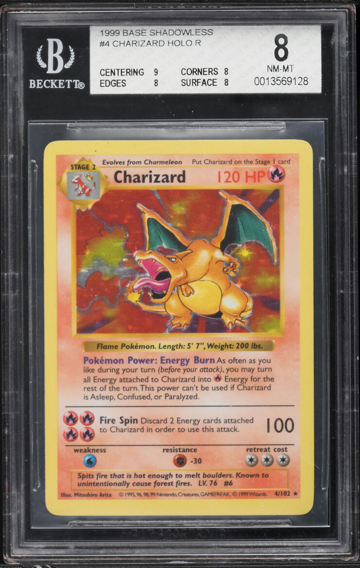 1999 Pokemon Base Set Shadowless Holo Charizard #4 BGS 8 NM-MT