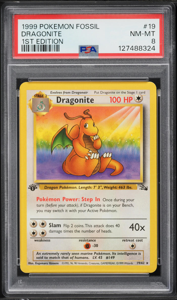 1999 Pokemon Fossil 1st Edition Dragonite #19 PSA 8 NM-MT