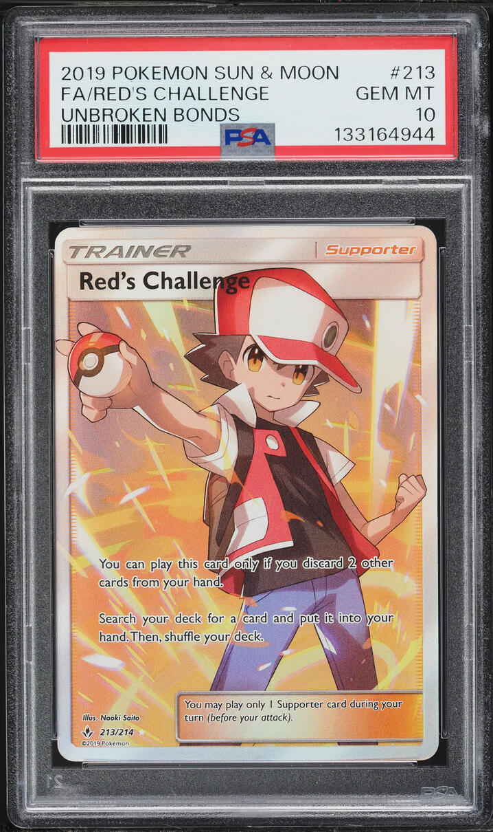 2019 Pokemon Sun & Moon Unbroken Bonds Full Art Red's Challenge #213 PSA 10 GEM MINT