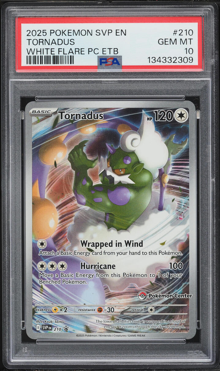 2025 Pokemon Scarlet & Violet Promo White Flare Center ETB Full Art Tornadus #210 PSA 10 GEM
