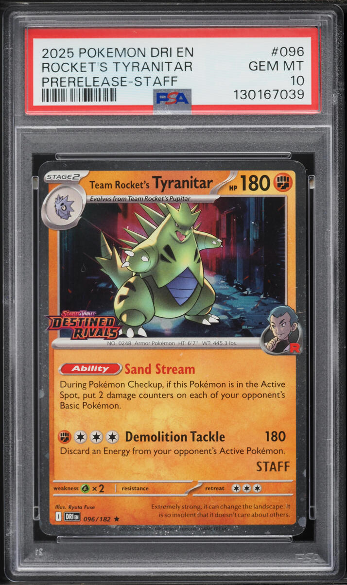 2025 Pokemon SV Destined Rivals Prerelease Staff Team Rocket's Tyranitar #96 PSA 10 GEM MINT
