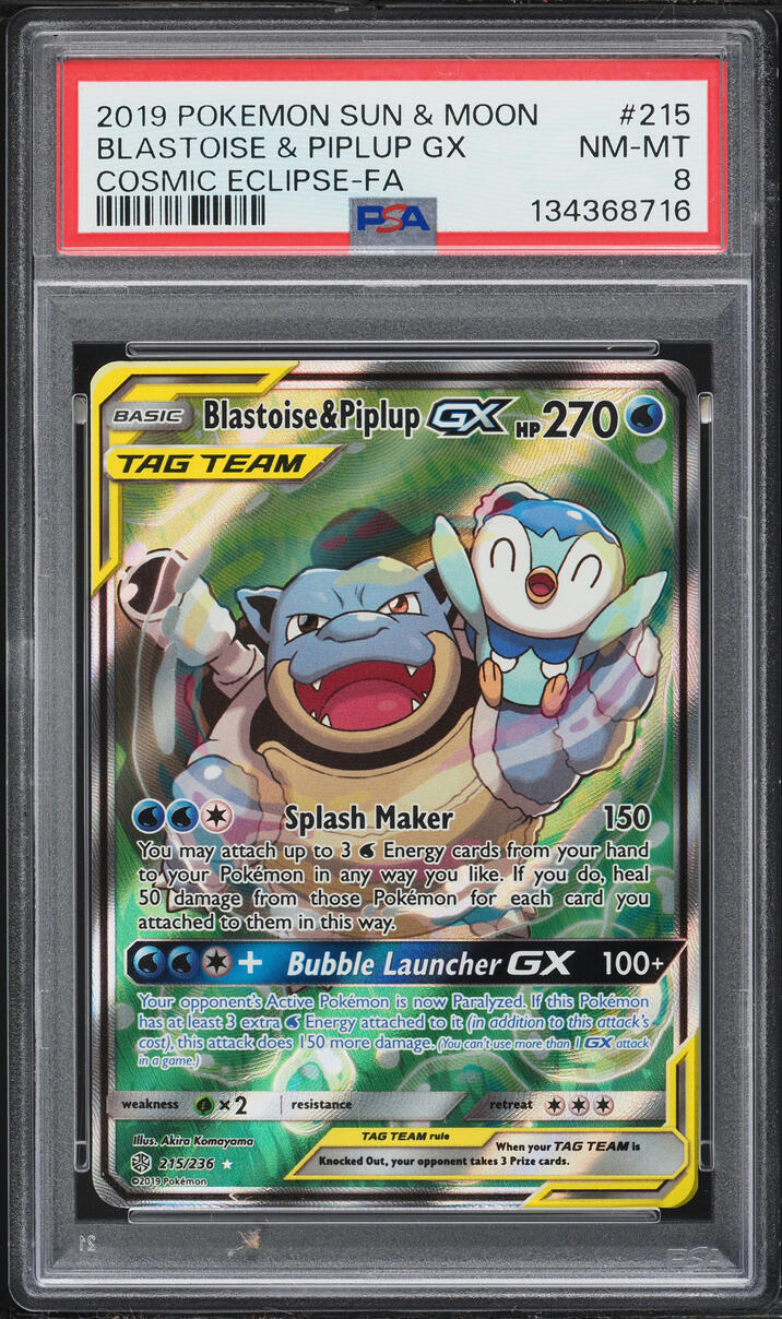 2019 Pokemon Sun & Moon Cosmic Eclipse Full Art Blastoise & Piplup GX #215 PSA 8 NM-MT