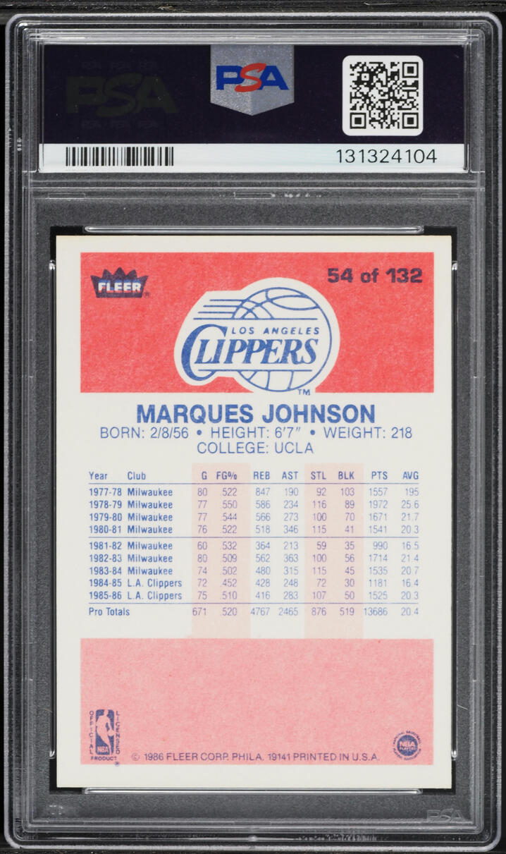 1986 Fleer Basketball Marques Johnson #54 PSA 8 NM-MT