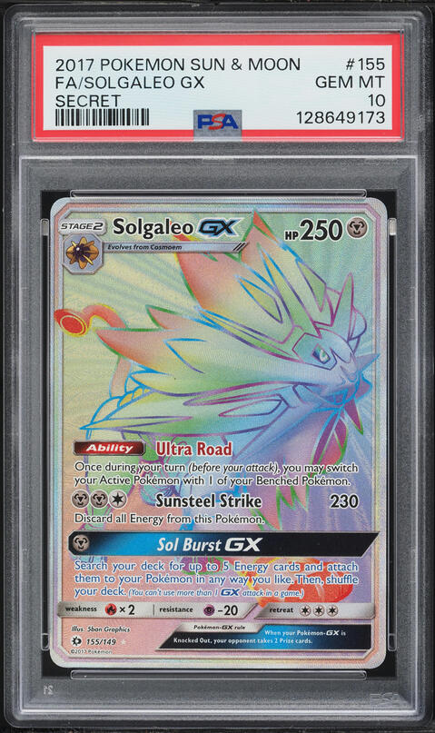 solgaleo gx pokemon card value 2017 Sun & Moon Secret Full Art #155 PSA 10 GEM MINT on Fanatics Collect With its stunning artwork and powerful abilities Solgaleo GX Holo (secret) SM