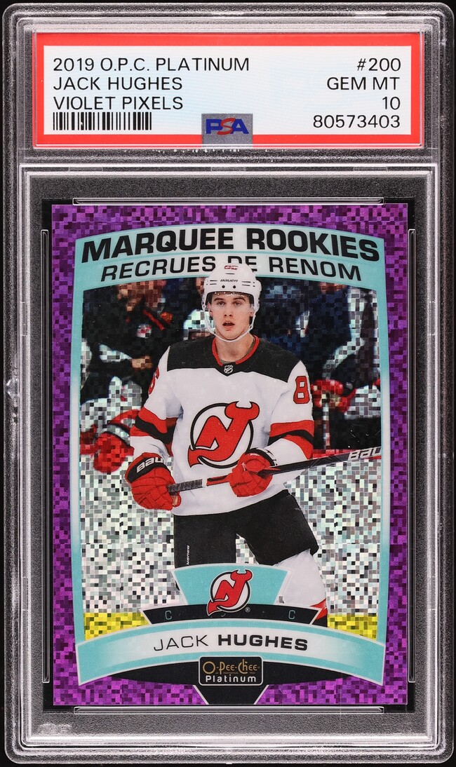 2019 O-Pee-Chee Platinum Violet Pixels Jack Hughes ROOKIE /399 #200 PSA 10 GEM