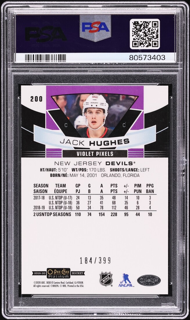 2019 O-Pee-Chee Platinum Violet Pixels Jack Hughes ROOKIE /399 #200 PSA 10 GEM