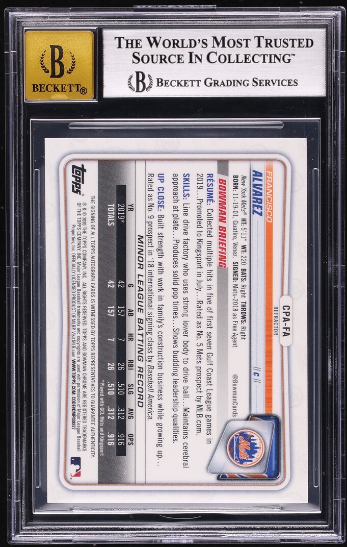2020 Bowman Chrome Refractor Francisco Alvarez PROSPECT AUTO /499 #CPA-FA BGS 9 MINT