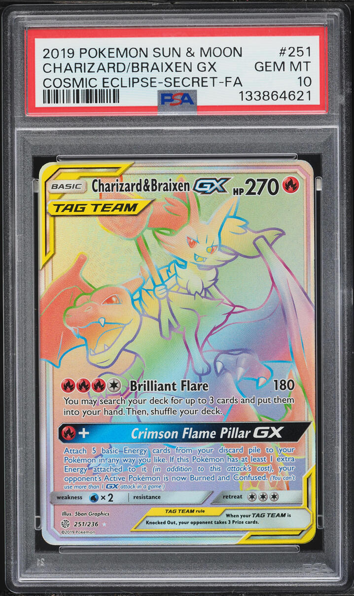2019 Pokemon Sun & Moon Cosmic Eclipse Rainbow Rare Charizard & Braixen GX #251 PSA 10 GEM MINT