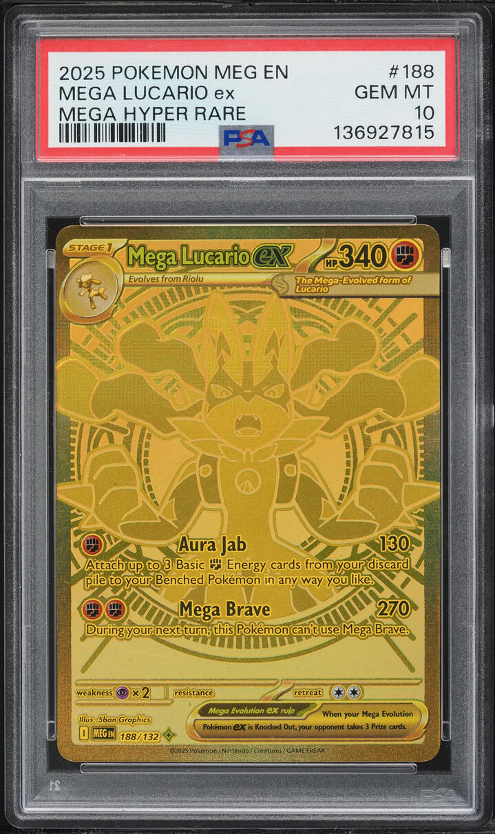 2025 Pokemon Mega Evolution Gold Rare Mega Lucario EX #188 PSA 10 GEM MINT