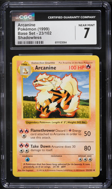 1999 Pokemon Base Set Shadowless Arcanine #23 CGC 7 NRMT