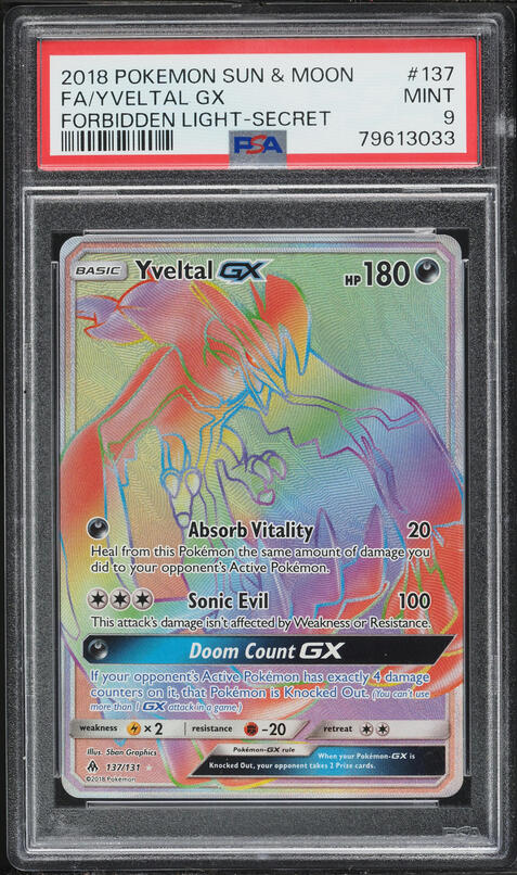 2018 Pokemon Sun & Moon Forbidden Light Rainbow Rare Yveltal GX #137 PSA 9 MINT